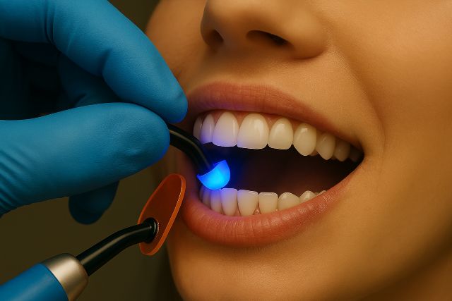 Lampe de photopolymérisation utilisée sur une incisive centrale inférieure