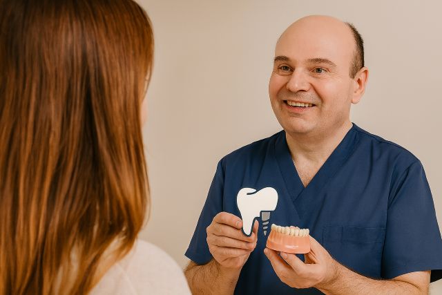 Le docteur montrant à une patiente la procédure de pose d'un implant dentaire